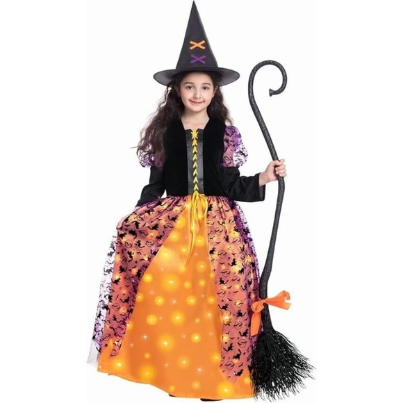 Girls Witch Halloween Costume with Light Up Dress Hat with Broom Size Medium - Picture 1 of 12